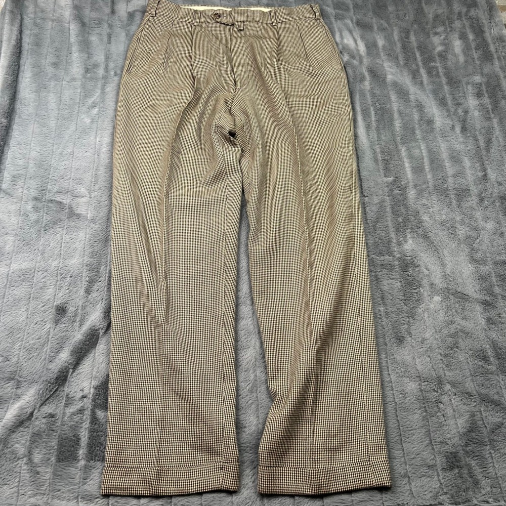 Tommy Hilfiger Mens Houndstooth Wool Pleated Cuffed Dress Pants Brown 34x32